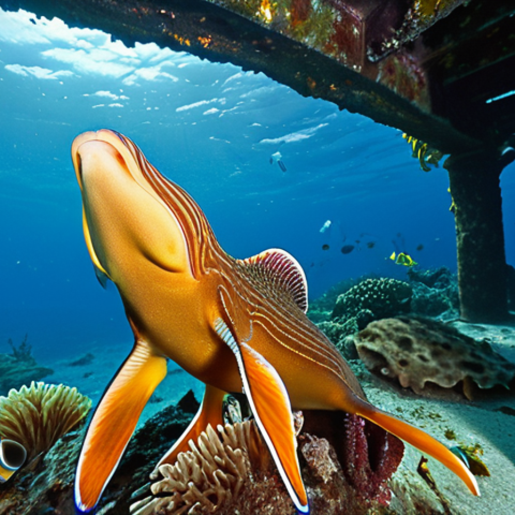 **

"Underwater scene in Anse Chastanet, St. Lucia. Focus on the abandoned pier teeming with marine life. Capture colorful nudibranchs, curious trumpet fish, and a moray eel peeking from the structure. Clear visibility, natural light filtering through the water. Photorealistic, high detail."

**
