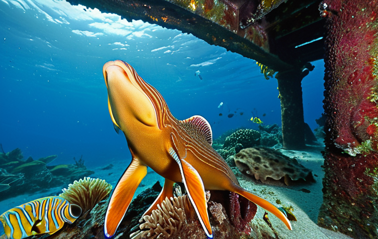 **
"Underwater scene in Anse Chastanet, St. Lucia. Focus on the abandoned pier teeming with marine life. Capture colorful nudibranchs, curious trumpet fish, and a moray eel peeking from the structure. Clear visibility, natural light filtering through the water. Photorealistic, high detail."
**