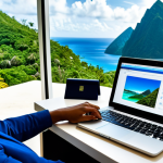 A professional, diverse-ethnicity individual in a modest business casual outfit, meticulously organizing travel documents, including a valid passport, on a clean, modern desk. A laptop screen displays vibrant images of St. Lucia's majestic Pitons mountains and pristine white sand beaches, suggesting a planned journey. The workspace is well-lit, emphasizing careful and efficient preparation. Perfect anatomy, correct proportions, natural pose, well-formed hands, proper finger count, natural body proportions. Fully clothed, appropriate attire, professional dress, safe for work, appropriate content, modest, family-friendly, high-quality, professional photography.