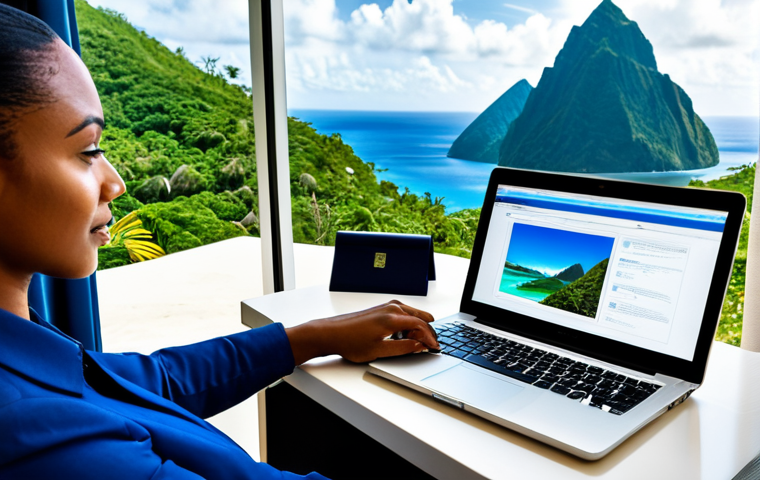 A professional, diverse-ethnicity individual in a modest business casual outfit, meticulously organizing travel documents, including a valid passport, on a clean, modern desk. A laptop screen displays vibrant images of St. Lucia's majestic Pitons mountains and pristine white sand beaches, suggesting a planned journey. The workspace is well-lit, emphasizing careful and efficient preparation. Perfect anatomy, correct proportions, natural pose, well-formed hands, proper finger count, natural body proportions. Fully clothed, appropriate attire, professional dress, safe for work, appropriate content, modest, family-friendly, high-quality, professional photography.