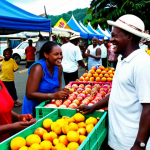 Castries Market Scene**

"A vibrant and bustling scene at the Castries Market in Saint Lucia.  Vendors are selling exotic fruits and handmade crafts. People are interacting and smiling. Reggae music playing in the background. Everyone is fully clothed in modest, appropriate attire.  Safe for work, appropriate content, perfect anatomy, natural proportions, professional photography, high quality, family-friendly."

**