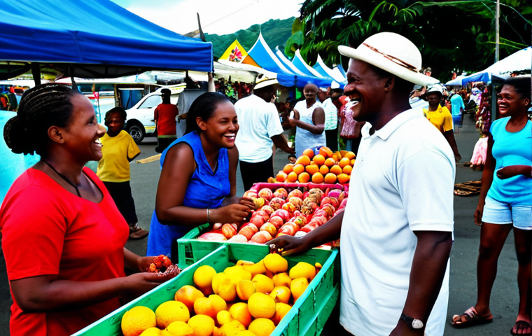 Castries Market Scene**
"A vibrant and bustling scene at the Castries Market in Saint Lucia. Vendors are selling exotic fruits and handmade crafts. People are interacting and smiling. Reggae music playing in the background. Everyone is fully clothed in modest, appropriate attire. Safe for work, appropriate content, perfect anatomy, natural proportions, professional photography, high quality, family-friendly."
**