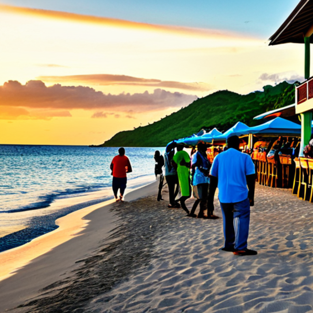 Rodney Bay at Sunset**

A vibrant scene in Rodney Bay at sunset. People are enjoying cocktails at outdoor bars with their feet in the sand. Reggae music is playing. The scene is fully clothed, modest clothing, appropriate attire. Safe for work, perfect anatomy, natural proportions, professional photography, high quality, family-friendly.

**