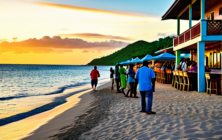 Rodney Bay at Sunset**

A vibrant scene in Rodney Bay at sunset. People are enjoying cocktails at outdoor bars with their feet in the sand. Reggae music is playing. The scene is fully clothed, modest clothing, appropriate attire. Safe for work, perfect anatomy, natural proportions, professional photography, high quality, family-friendly.

**