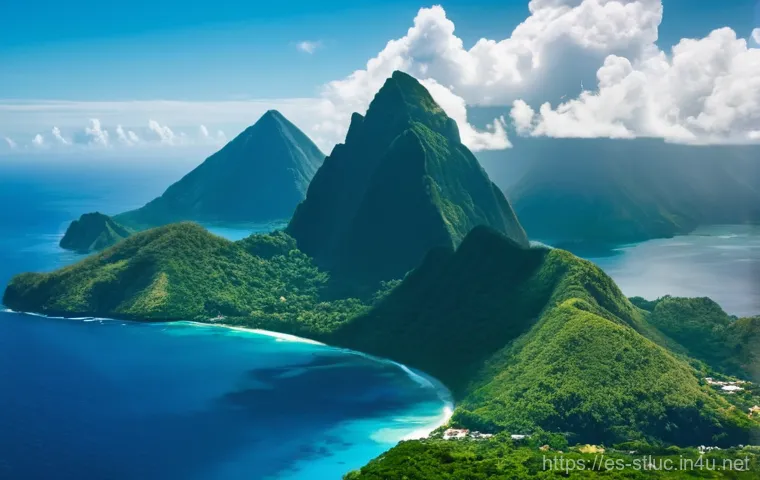 세인트루시아 가는 방법 - **Prompt:** "An exciting aerial view from an airplane window, capturing the moment of descent into S...