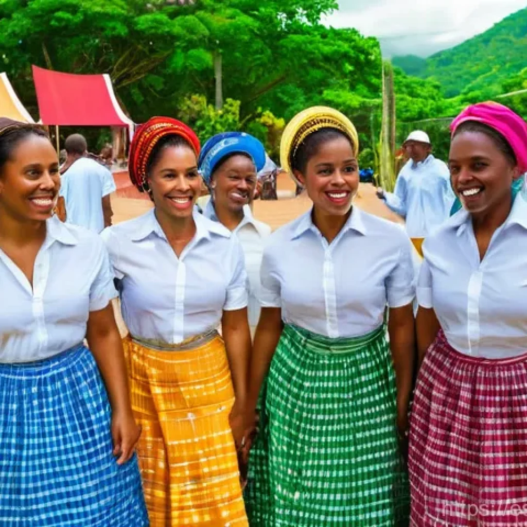 세인트루시아 전통 춤 - **St. Lucian Quadrille Elegance:**
    A vibrant and elegant image of several St. Lucian couples gra...