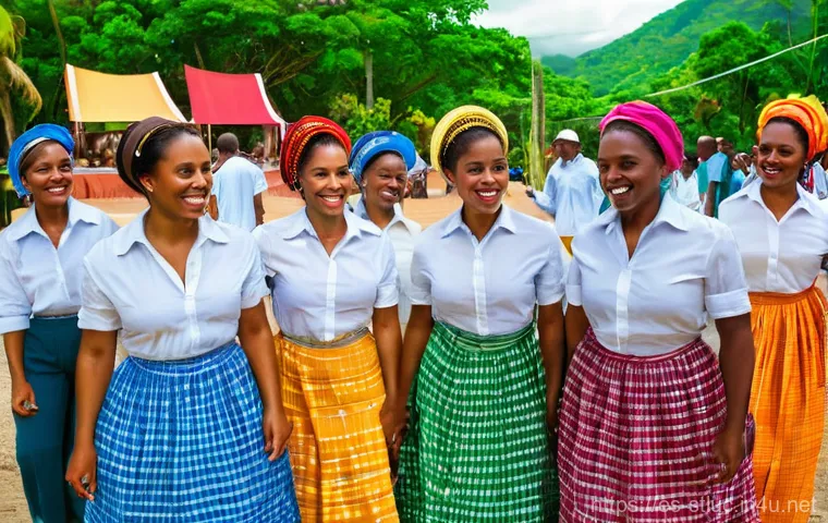 세인트루시아 전통 춤 - **St. Lucian Quadrille Elegance:**
    A vibrant and elegant image of several St. Lucian couples gra...