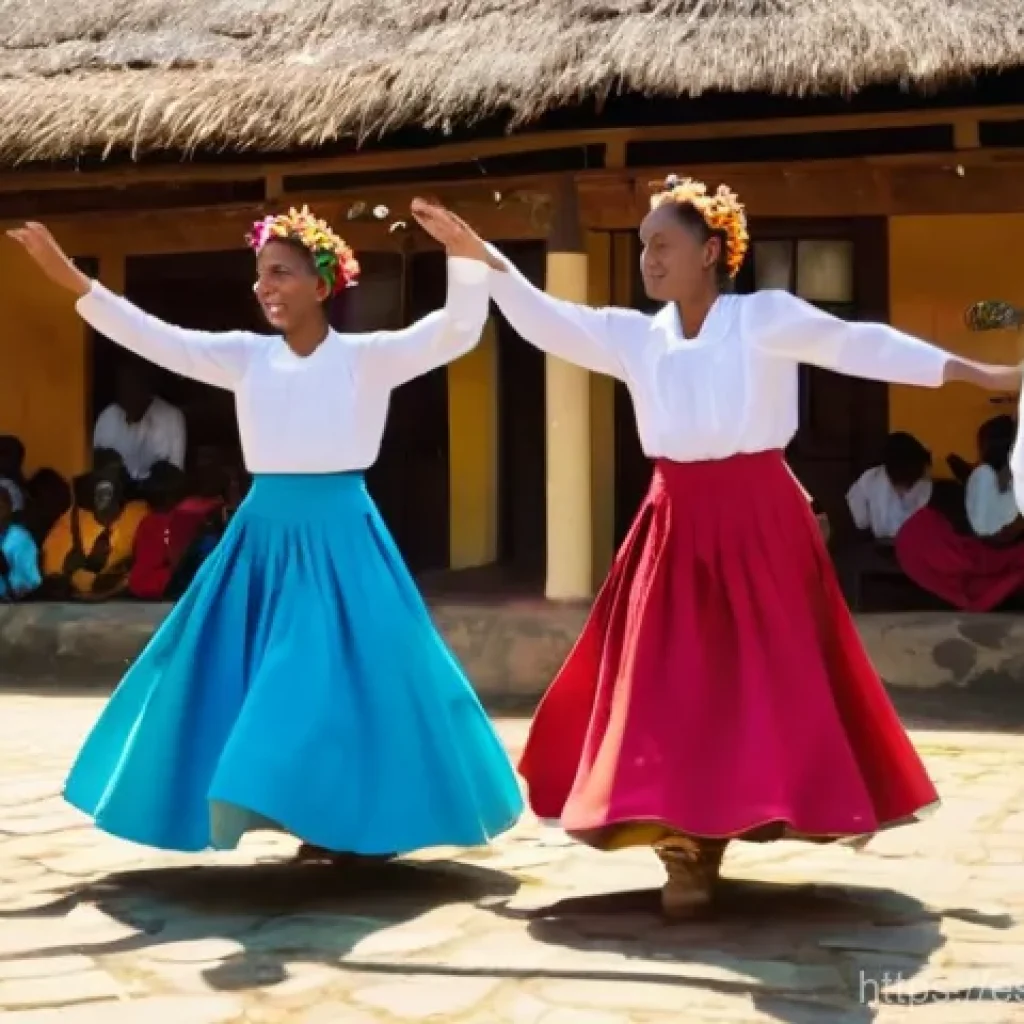세인트루시아 음악 장르 - **Prompt:** A vibrant scene capturing the traditional St. Lucian Kwadril dance in an outdoor village...