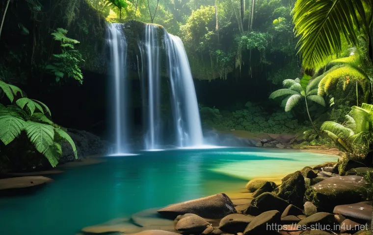 세인트루시아에서의 도보 여행 코스 - A breathtaking panoramic view from the summit of Gros Piton in St. Lucia. A lone hiker, wearing appr...