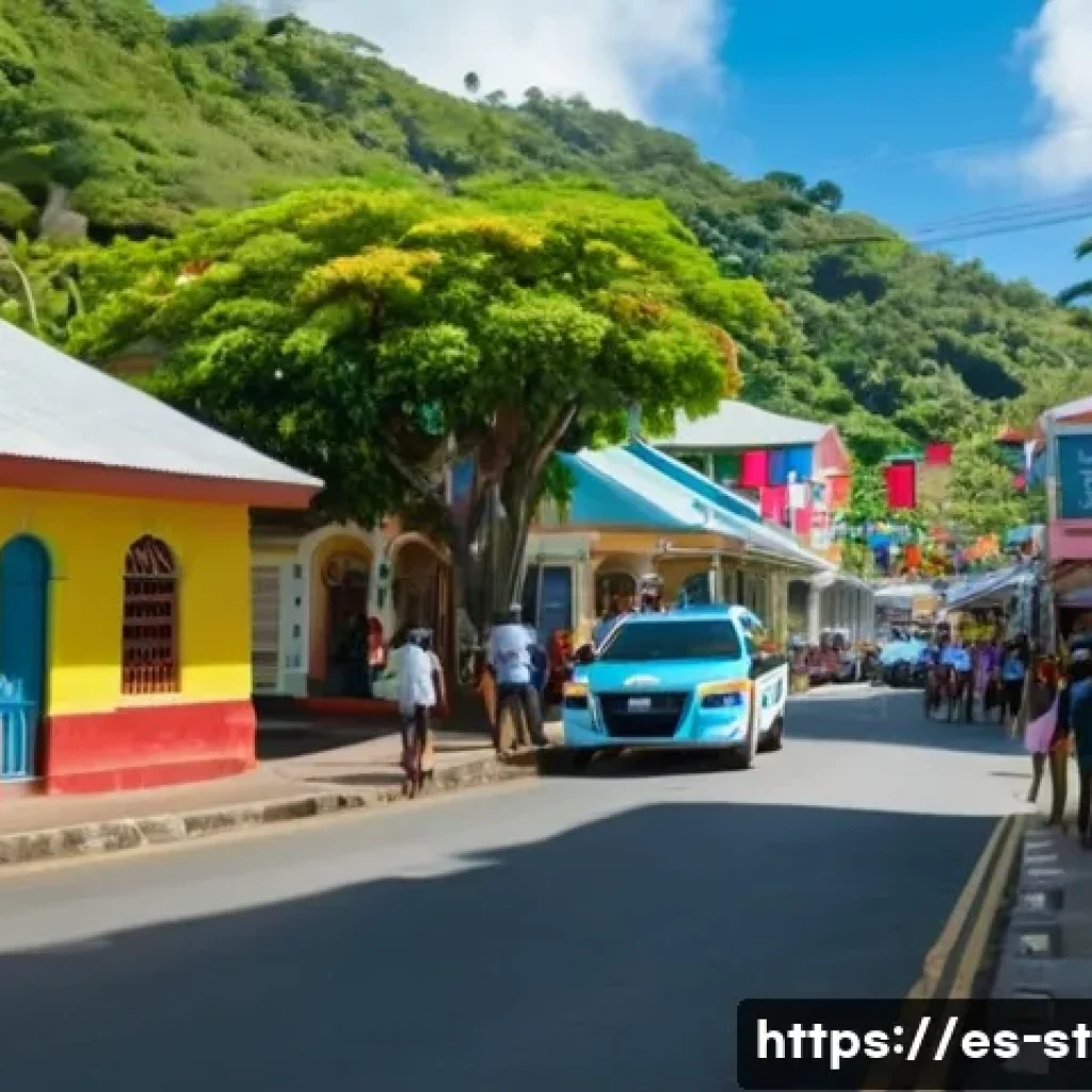 세인트루시아 치안과 안전 - A vibrant, safe urban street scene in Castries, Saint Lucia during daytime, featuring well-dressed t...
