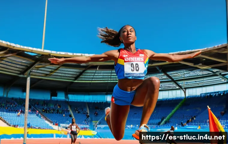 세인트루시아 올림픽 출전 선수 - A determined Saint Lucian female high jumper in mid-air clearing the bar at an outdoor athletics sta...