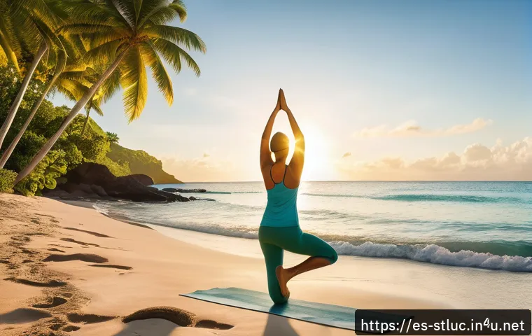 세인트루시아 해변 추천 - A serene hidden beach in Saint Lucia at sunrise, featuring fine white sand and crystal-clear turquoi...