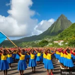 Home 20 세인트루시아의 국가 애국가 - A vibrant and emotionally charged scene depicting a diverse crowd of Saint Lucian people gathered ou...
