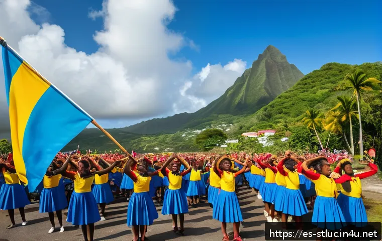 세인트루시아의 국가 애국가 - A vibrant and emotionally charged scene depicting a diverse crowd of Saint Lucian people gathered ou...