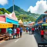Home 23 세인트루시아 영어 사용 가능성 - A vibrant street scene in Castries, Saint Lucia, showing a diverse group of locals and tourists inte...