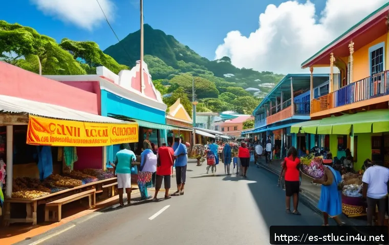 세인트루시아 영어 사용 가능성 - A vibrant street scene in Castries, Saint Lucia, showing a diverse group of locals and tourists inte...