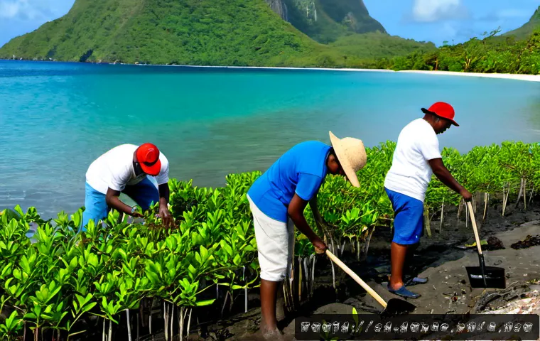 Home 17 세인트루시아 환경 보호 정책 - Photorealistic coastal conservation scene in Saint Lucia, diverse Caribbean environmental workers an...