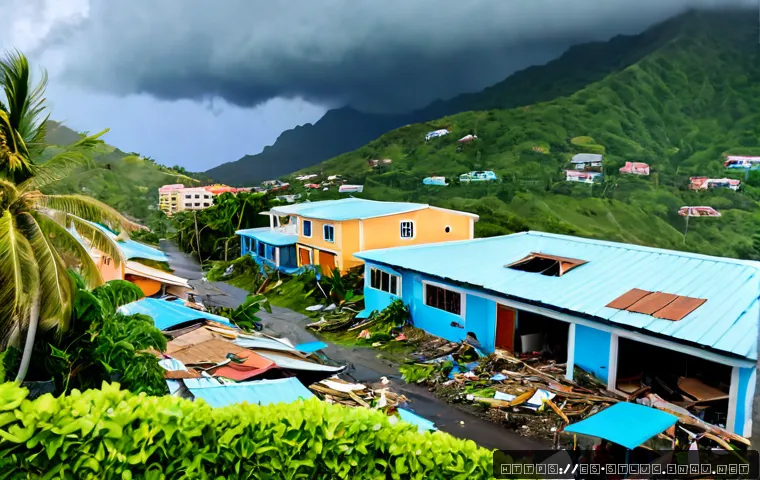 세인트루시아 허리케인 피해 사례 - Photorealistic coastal neighborhood in Saint Lucia after a powerful hurricane, damaged colorful Cari...