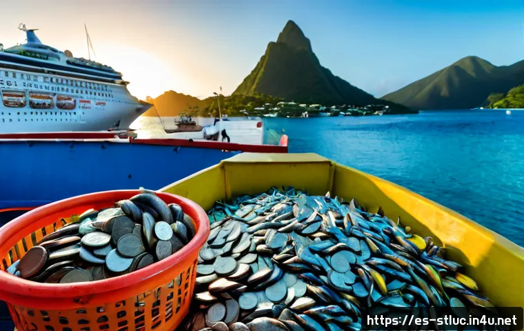 세인트루시아 경제 상황 - Photorealistic wide-angle view of Saint Lucia’s coastal economy, a small fishing boat returning to a...